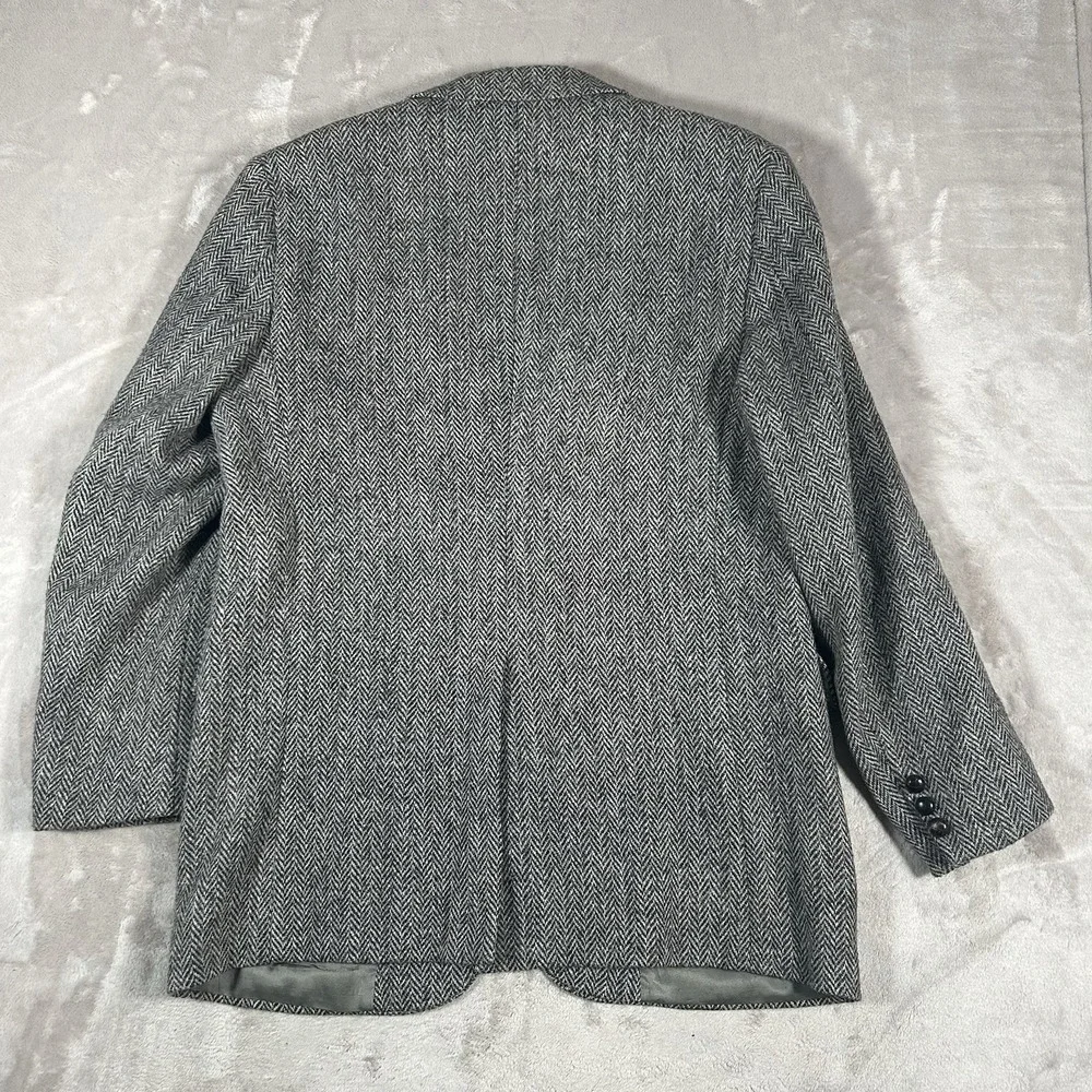 VTG Harris Tweed Blazer Mens 44L Gray Herringbone Pure Scottish Wool Handwoven